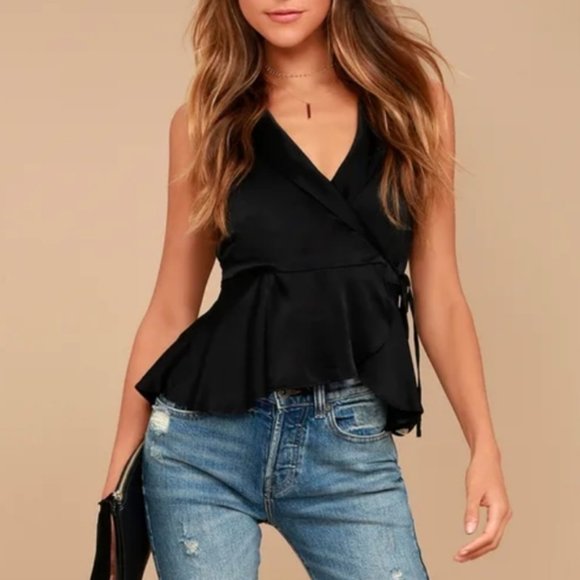 Free People Tops - Free People Suit Up Black Satin Peplum Wrap Top